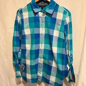 Tommy Hilfiger Women's Blue and Teal Plaid Shirt